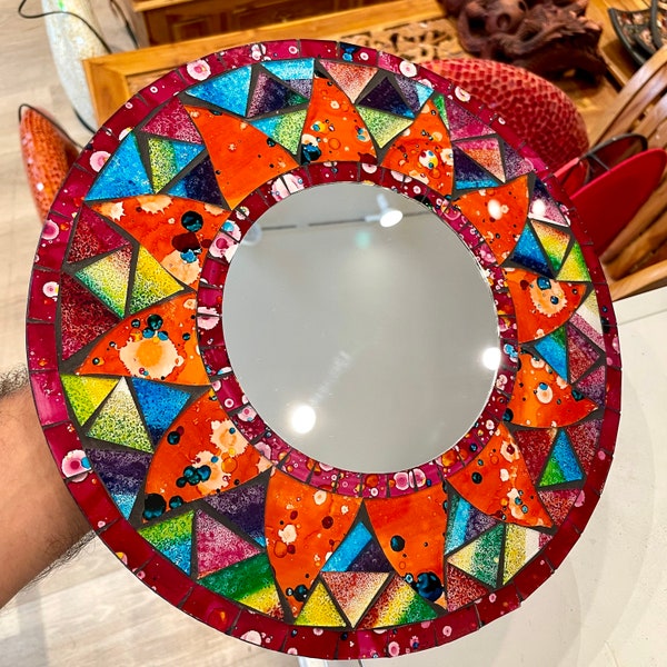 Miroir rond Fucsia Mosaïque Arc-en-ciel arc-en-ciel artistique incrustation de verre artistique 12 " D