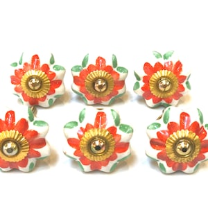Knobs Flower Colorful Red Green Style Ceramic Handpainted Kitchen Cabinet Drawer Pulls Handmade Ceramic Door Knobs Furniture Hardware 6Pcs