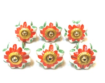 スペイン風ノブ 花 カラフル 赤 緑 スタイル セラミック 12個 手描き キッチンキャビネット 引き出し取手 手作り セラミック ドアノブ 家具