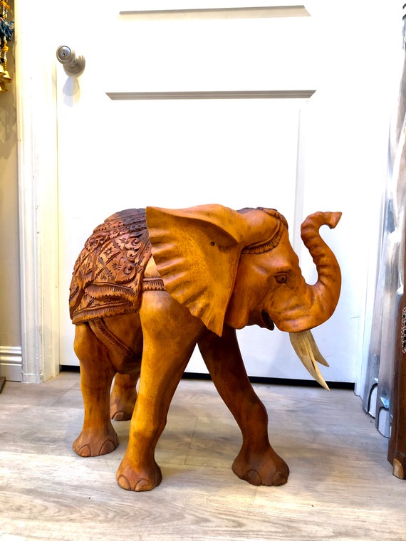 Giant Elephant Statue Hand Carved With Tusks Solid Heavy Wood Etsy