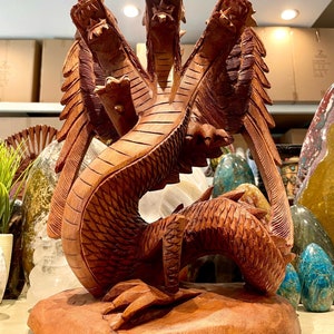 Wooden Large 3 Headed Dragon Statue Hand Carved Solid Heavy Wood 16”