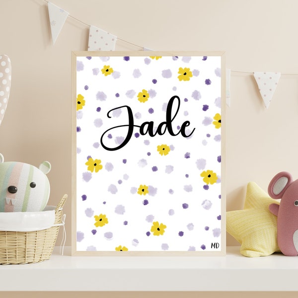 Jolie illustration à encadrer - affiche naissance personnalisée pour bébé modèle Jade fleurs - Prénom enfant - Format A4 ou A5