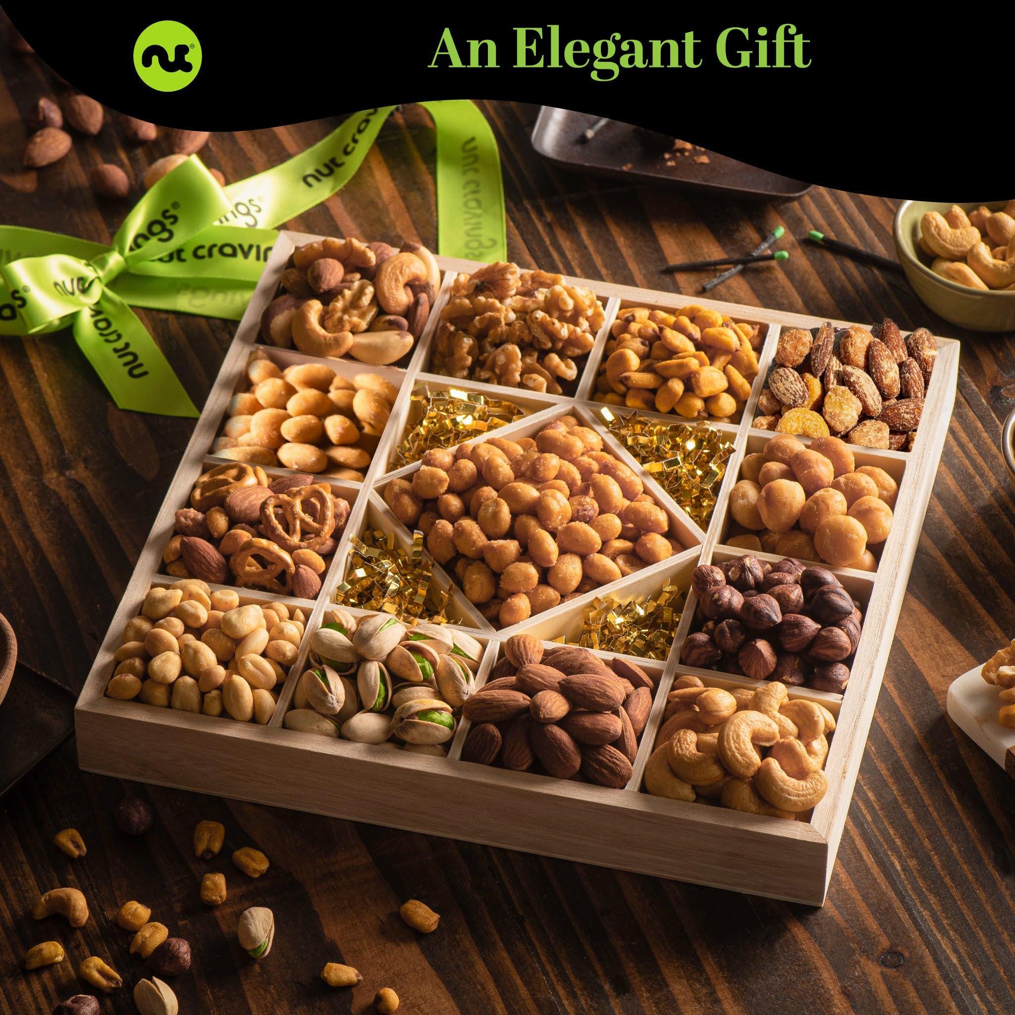 Mixed Nuts Gift Basket in Reusable Diamond Wooden Tray + Green Ribbon ...