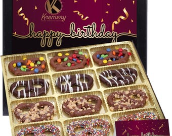KREMERY Creamy Chocolate Cravings - Chocolate Covered Pretzel Twists Birthday Gift Basket (12 Count) Sweet Treats - Assorted Candy...
