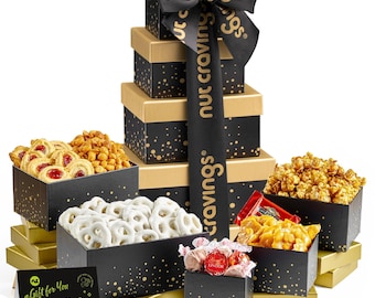 Chocolate Covered Pretzels & Caramel Popcorn Gift Basket, in Black Tower + Ribbon (8 assortment)