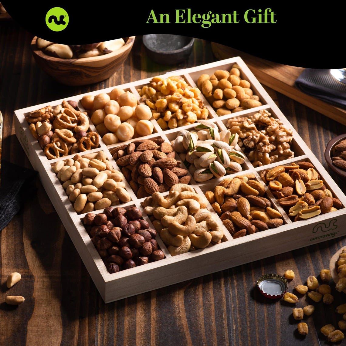 Mixed Nuts Gift Basket in Reusable Wooden Tray + Green Ribbon (12 ...