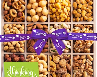 NUT CRAVINGS Gourmet Collection - Thinking of You Nuts Gift Basket with Thinking of You Ribbon + Greeting Card in Reusable Wooden Tray...