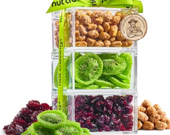 Dried Fruits & Mixed Nuts Acrylic Tower Gift Basket with Ribbon (3 Tier Assortment)