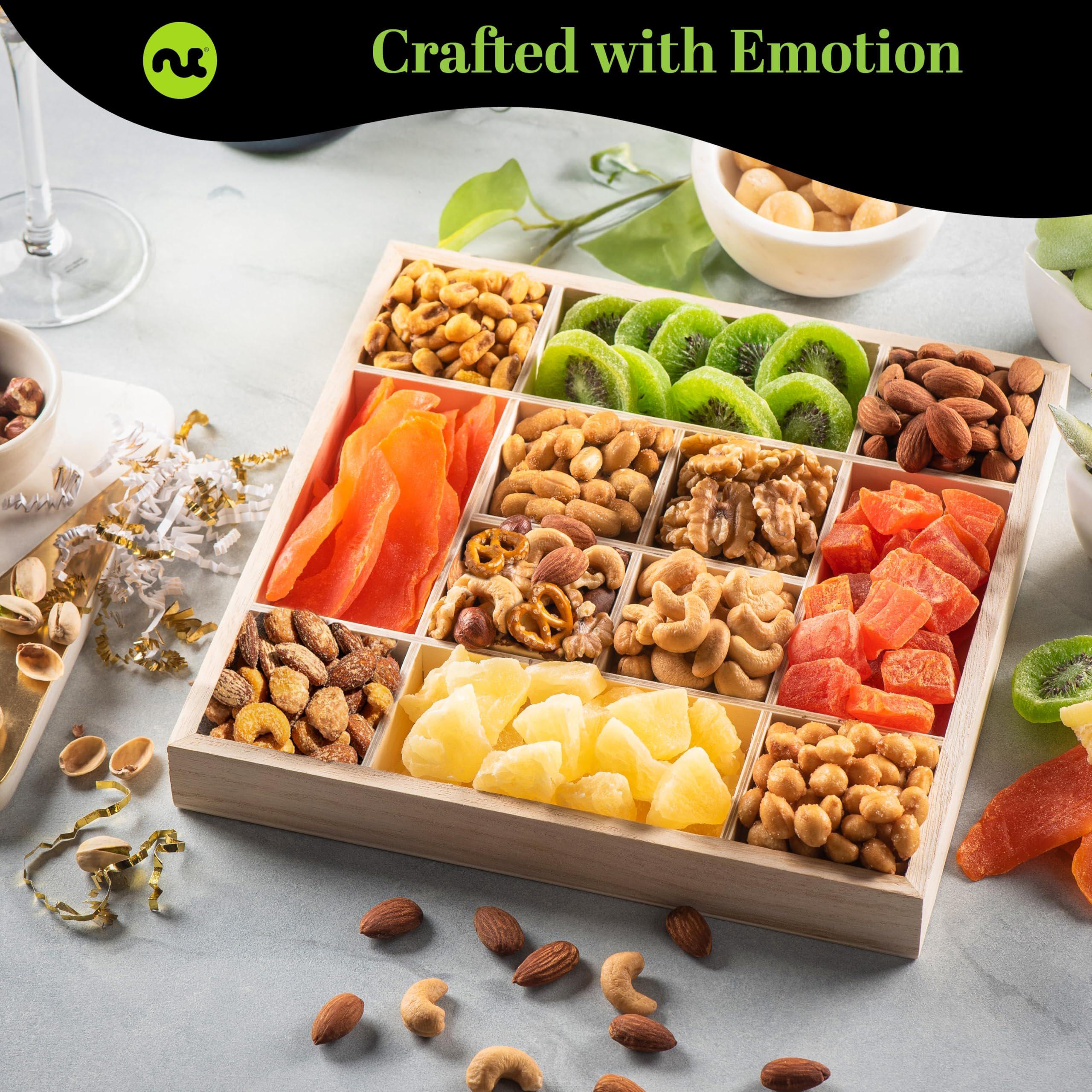 Dried Fruit & Mixed Nuts Gift Basket in Reusable Wooden Tray + Ribbon ...