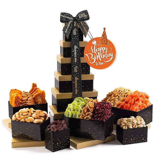 Happy Birthday Nuts & Dried Fruits Tower Gift Basket with Happy Birthday Ribbon (12 Assortments)