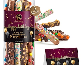 KREMERY Creamy Chocolate Cravings - Chocolate Covered Pretzel Rods Birthday Gift Basket in Clear Tube (8 Pretzels) Sweet Treats -...