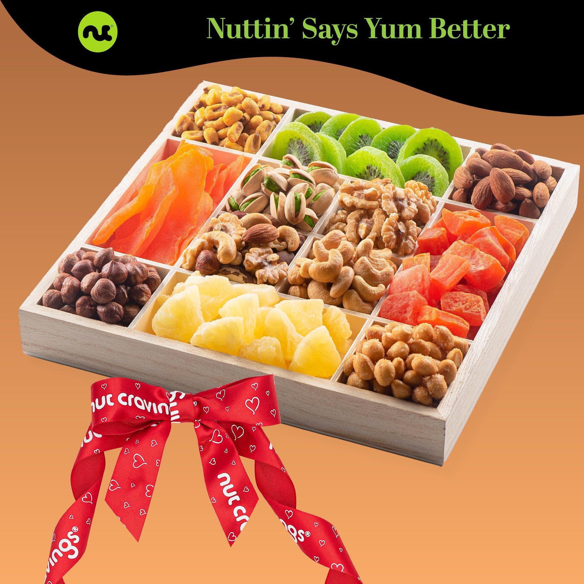 Dried Fruit & Mixed Nuts Gift Basket in Reusable Wooden Tray + Ribbon ...