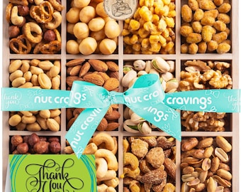 Gourmet Nut Collection Gift Basket – 12 Assortments in Wooden Tray with Thank You Ribbon and Card.