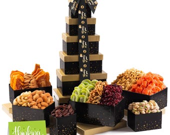 NUT CRAVINGS Gourmet Collection - Thinking of You Tower Gift Basket, Gourmet Nuts & Dried Fruits with TY Ribbon + Greeting Card (12...