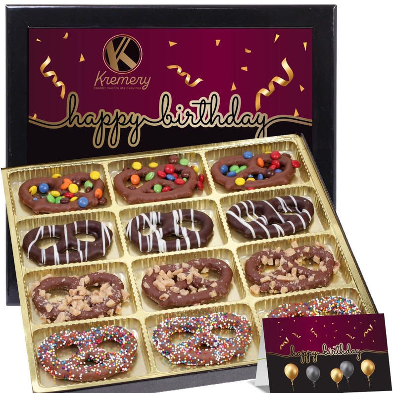 Dark Milk Chocolate Covered Pretzel Gift Basket Assorted Sweet Treats Candy Toppings Birthday Gift. 12 Count- Birthday