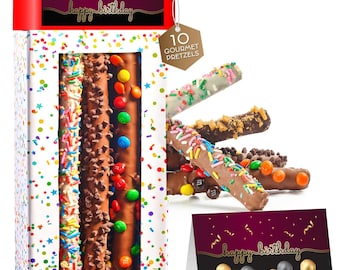 Birthday Chocolate Covered Pretzel Rods Gift Basket in Confetti Tower (10 Pretzels)