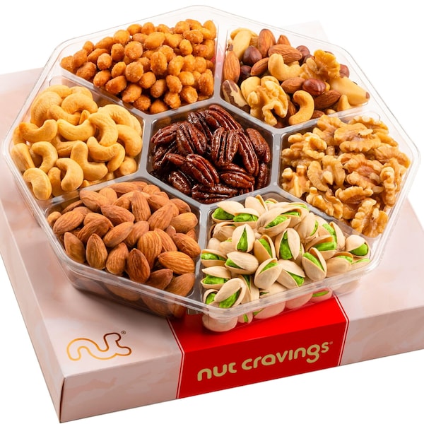 Gourmet 7 Piece Delicious Nuts Gift Basket - All Natural Healthy Snacks Box - Mixed Nuts & Dry Fruits - Thank You Gift Box - Wedding Gift