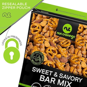 Sweet Savory Bar Snack Mix with Pretzels - Farm Fresh Nuts in Resealable Bag, Perfect for Parties, Game Nights & Anytime Snacking