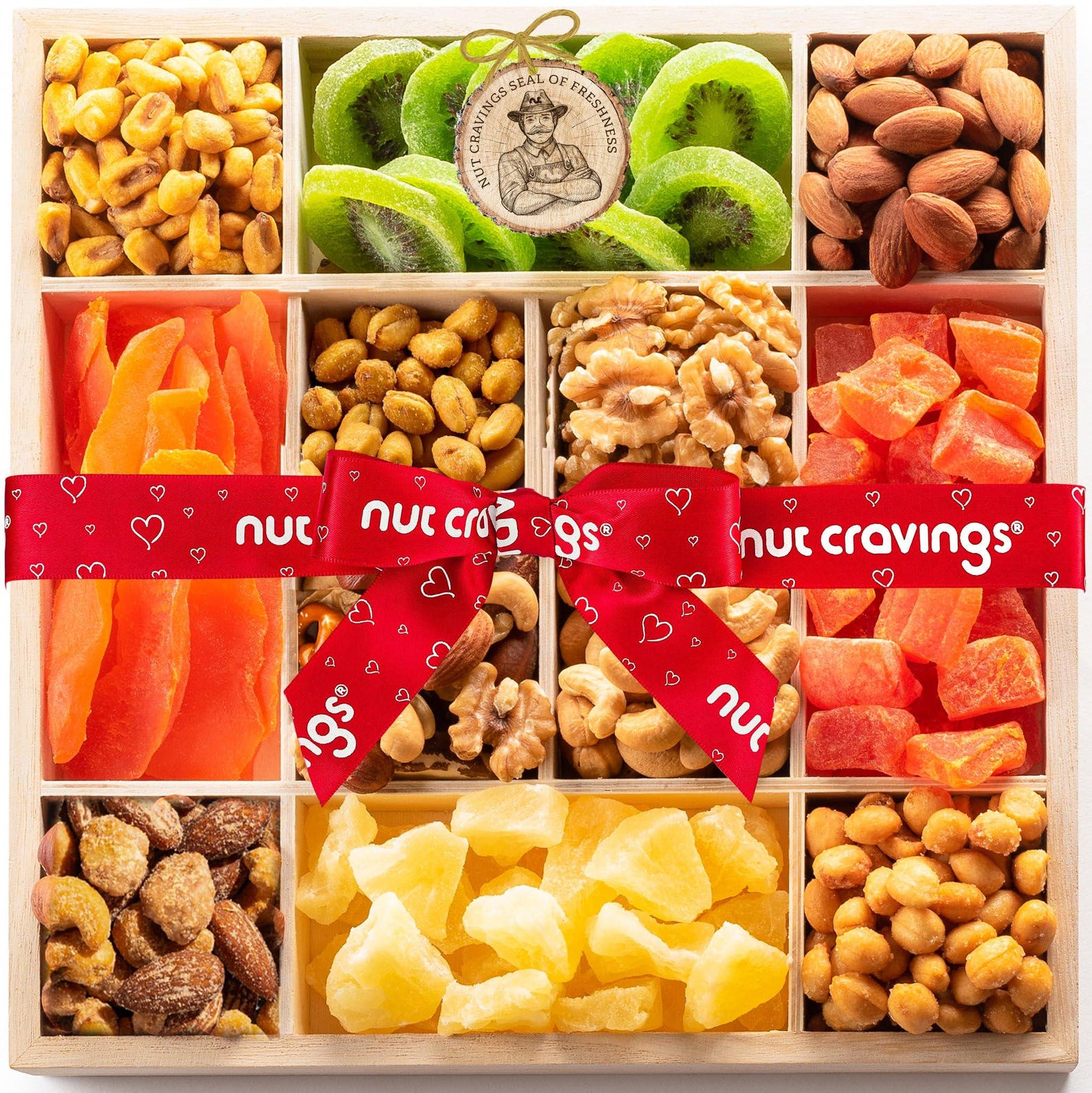 Dried Fruit & Mixed Nuts Gift Basket in Reusable Wooden Tray + Ribbon ...