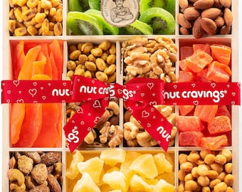 Dried Fruit & Mixed Nuts Gift Basket in Reusable Wooden Tray + Ribbon (12 assortments)