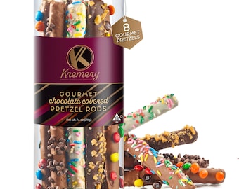 Creamy Chocolate Cravings - Chocolate Covered Pretzel Rods Gift Basket in Clear Tube (8 Pretzels), Happy Birthday