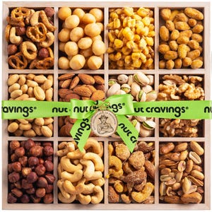Mixed Nuts Gift Basket in Reusable Wooden Tray + Green Ribbon (12 Assortments)
