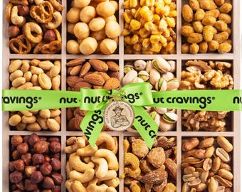 Mixed Nuts Gift Basket in Reusable Wooden Tray + Green Ribbon (12 Assortments)