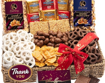 KREMERY Creamy Chocolate Cravings - Chocolate Covered Pretzels & Caramel Popcorn Thank You Gift Basket in Seagrass Tray + Ribbon Deluxe...