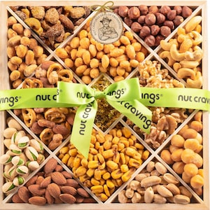 Mixed Nuts Gift Basket in Reusable Diamond Wooden Tray + Green Ribbon (12 assortments)