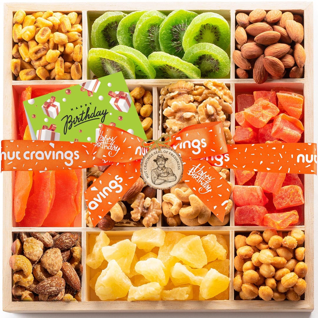 Dried Fruit & Mixed Nuts Gift Basket in Reusable Wooden Tray + Ribbon ...