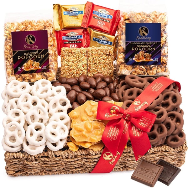 Chocolate Covered Pretzels Sweet Treats Gift Basket in Seagrass Tray + Ribbon (Medium 2.5 LB) Caramel Popcorn Peanut Brittle Almonds Nuts