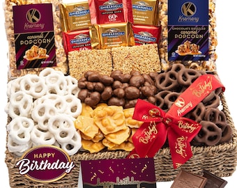 KREMERY Creamy Chocolate Cravings - Chocolate Covered Pretzels & Caramel Popcorn Birthday Gift Basket in Seagrass Tray + Ribbon Deluxe...