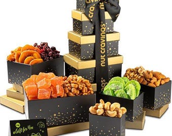 Dried Fruit & Mixed Nuts Gift Basket, in Black Tower + Ribbon (8 Assortments)