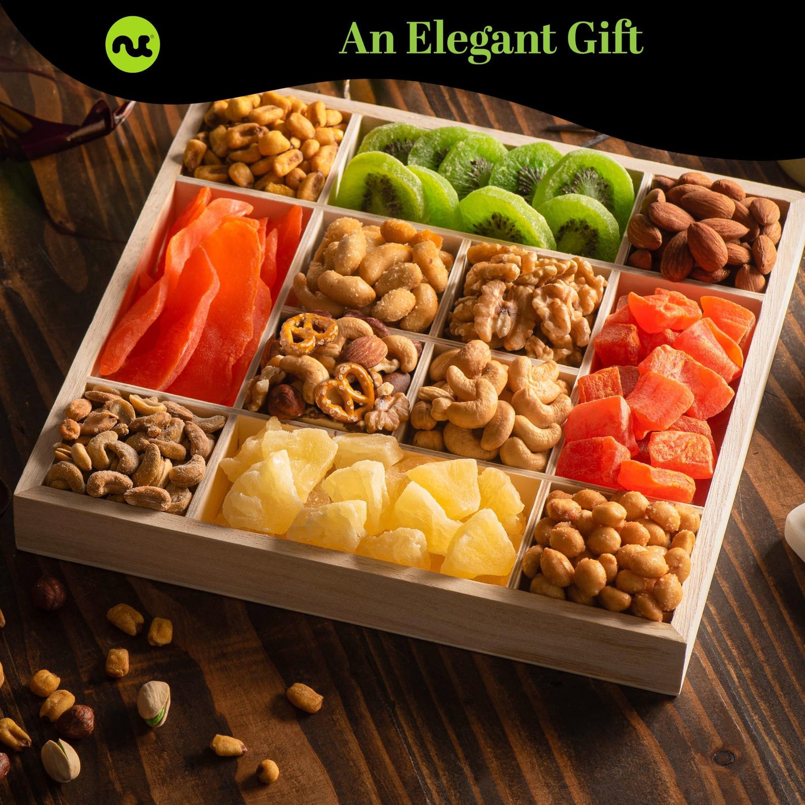 Dried Fruit & Mixed Nuts Gift Basket in Reusable Wooden Tray + Ribbon ...