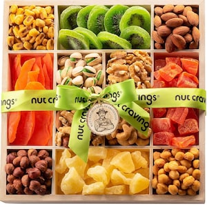 Deluxe Gift Basket: Gourmet Dried Fruit & Mixed Nuts in Reusable Wooden Tray with Ribbon - Perfect for Any Occasion!