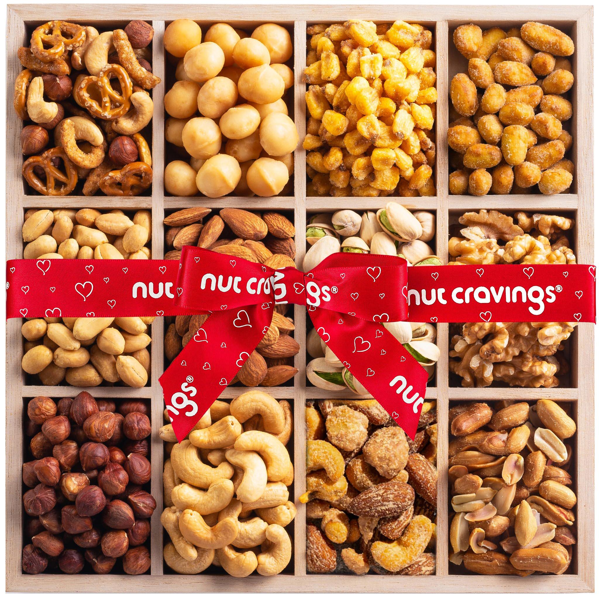 Mixed Nuts Gift Basket in Reusable Wooden Tray + Heart Ribbon (12 ...