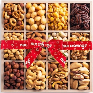 NUT CRAVINGS Gourmet Collection - Holiday Christmas Mixed Nuts Gift Basket in Reusable Wooden Tray + Heart Ribbon (12 Assortments) Xmas...