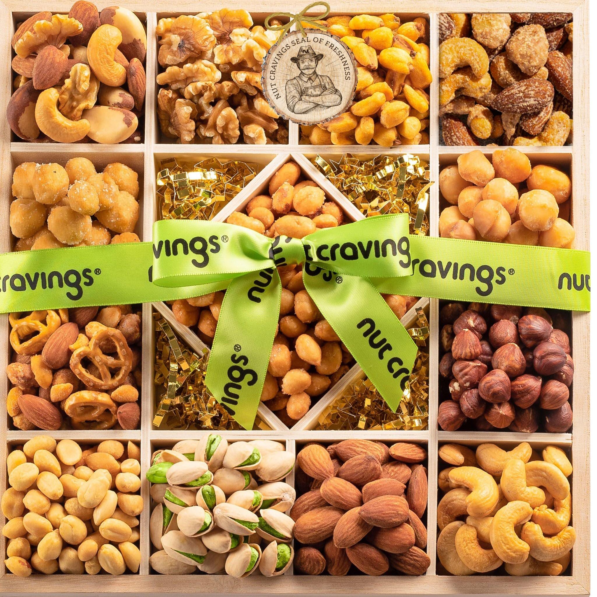 Mixed Nuts Gift Basket in Reusable Diamond Wooden Tray + Green Ribbon ...