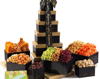 Congratulations Tower Gift Basket, Gourmet Nuts & Dried Fruits with Congrats Ribbon + Greeting Card (12 Assortments ) Premium Care Platter