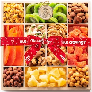 NUT CRAVINGS Gourmet Collection - Holiday Christmas Dried Fruit & Mixed Nuts Gift Basket in Reusable Wooden Tray + Ribbon (12...
