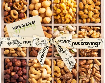 Nut Cravings Gourmet Collection, Sympathy Nuts Gift Basket with Sympathy Ribbon + Greeting Card in Reusable Wooden Tray (12 Assortments)...