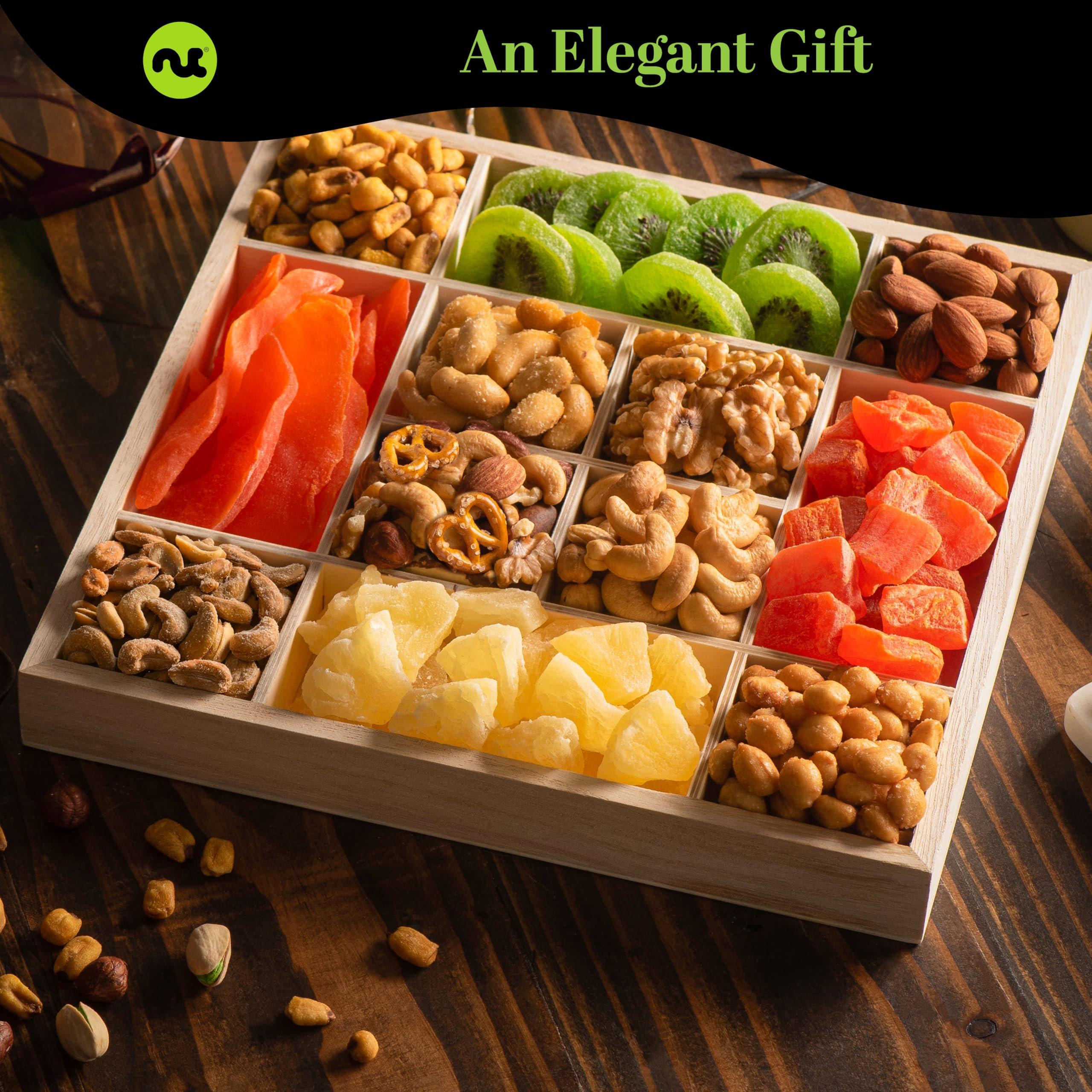 Dried Fruit & Mixed Nuts Gift Basket in Reusable Wooden Tray + Ribbon ...