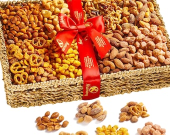 Mixed Nuts Gift Basket in Seagrass Tray + Ribbon Premium (2.5 lbs) Food Platter Gift.
