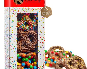 KREMERY Creamy Chocolate Cravings - Valentines Day Chocolate Covered Pretzel Twists Gift Basket in Confetti Tower (12 Pretzels)...