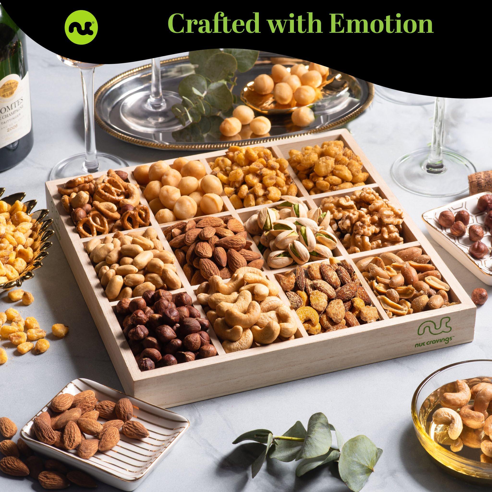Mixed Nuts Gift Basket in Reusable Wooden Tray + Green Ribbon (12 ...