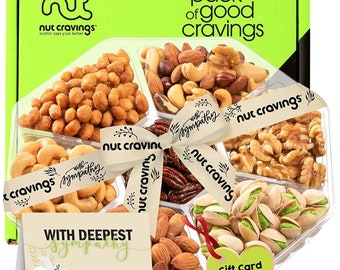 Sympathy Nuts Gift Basket with Sympathy Ribbon + Greeting Card (7 Assortments)Premium Platter, Condolence Care Package Variety Tray