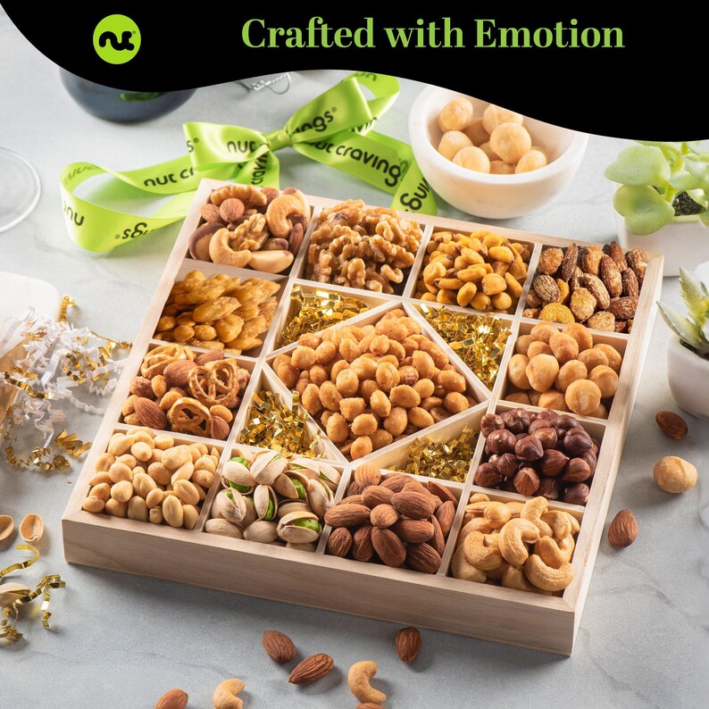 Mixed Nuts Gift Basket in Reusable Diamond Wooden Tray + Green Ribbon ...