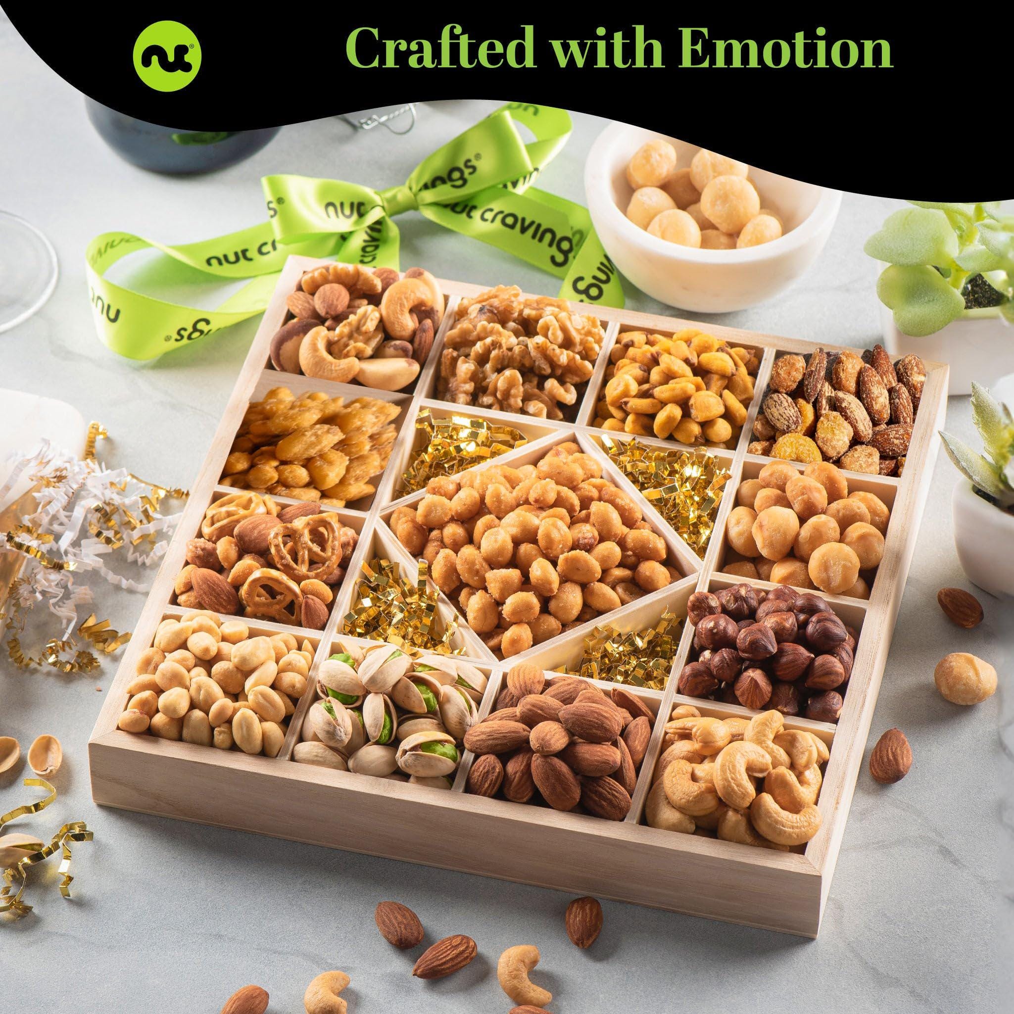 Mixed Nuts Gift Basket in Reusable Diamond Wooden Tray + Green Ribbon ...