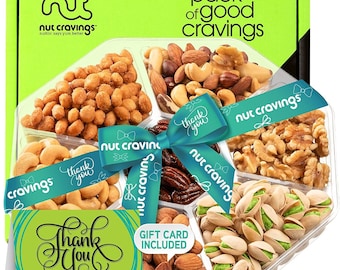 Thank You Nuts Gift Basket with Thank You Ribbon + Greeting Card (7 Assortments) Gourmet Food Platter Appreciation Care Package Variety Tray