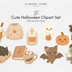 Könnte beinhalten: Niedliches Halloween-Clipart-Set mit verschiedenen Illustrationen. Enthält einen Pumpkin Spice Latte, einen Pullover mit Kürbis, eine Kerze, einen Geist, einen Kürbis, eine schwarze Katze, ein Buch, eine Tasse, eine Fledermaus und einen Zombie. Der Text "The Cute Halloween Clipart Set" wird angezeigt.